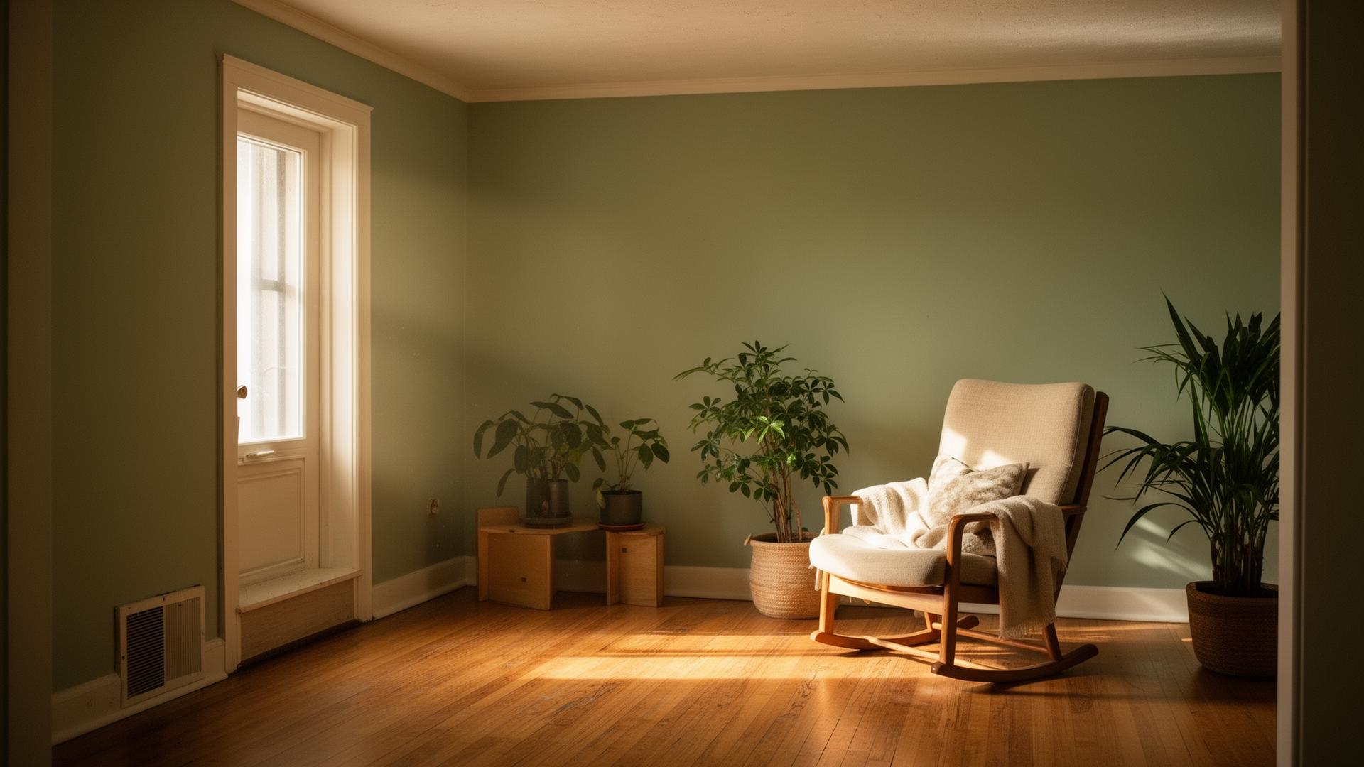 Sunlit interior of a calm, sage-toned sober living home